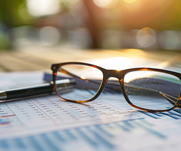 Brille und Stift auf einer Tabelle mit Zahlen