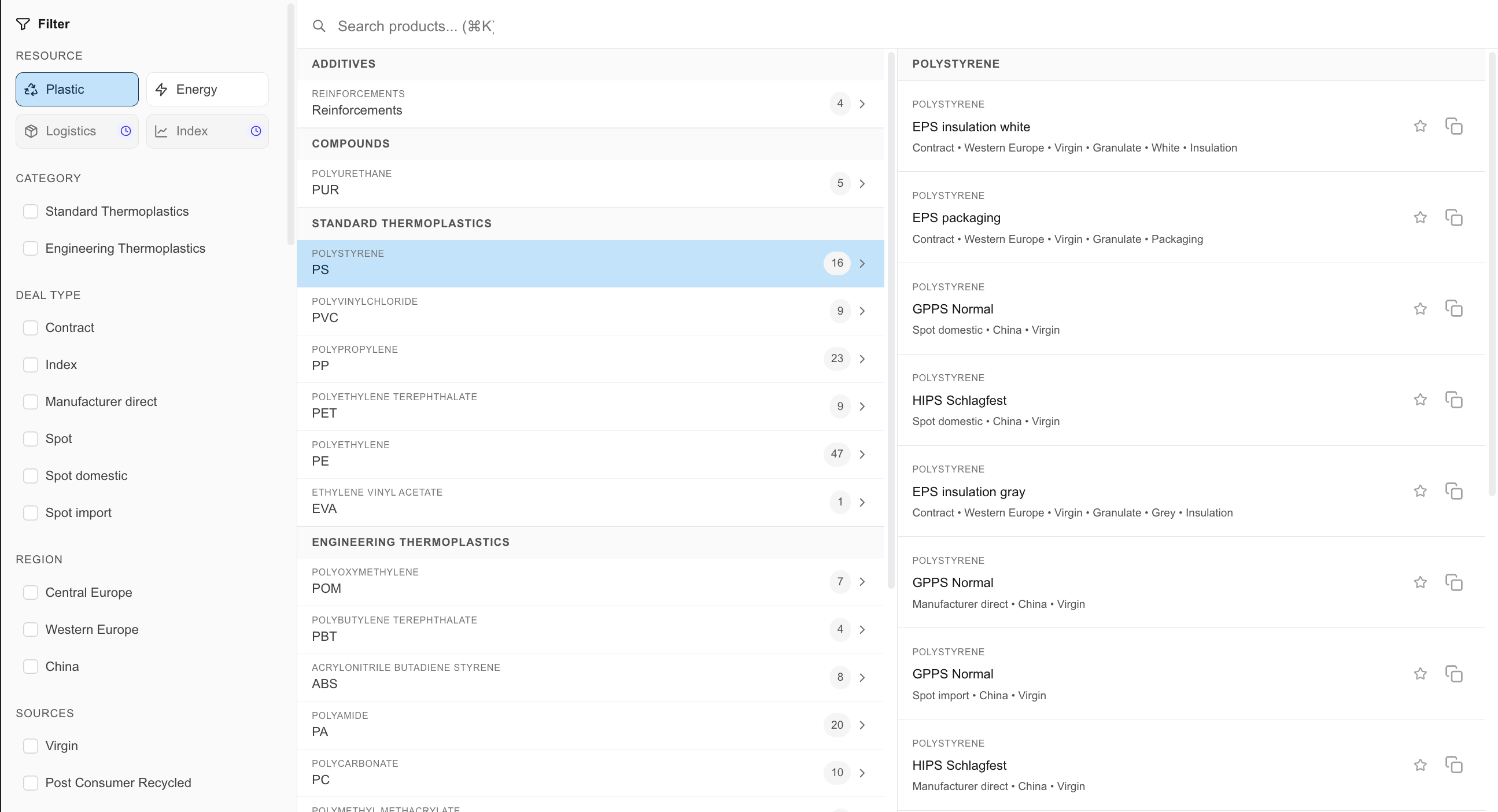 Product search with filters for materials and transaction types
